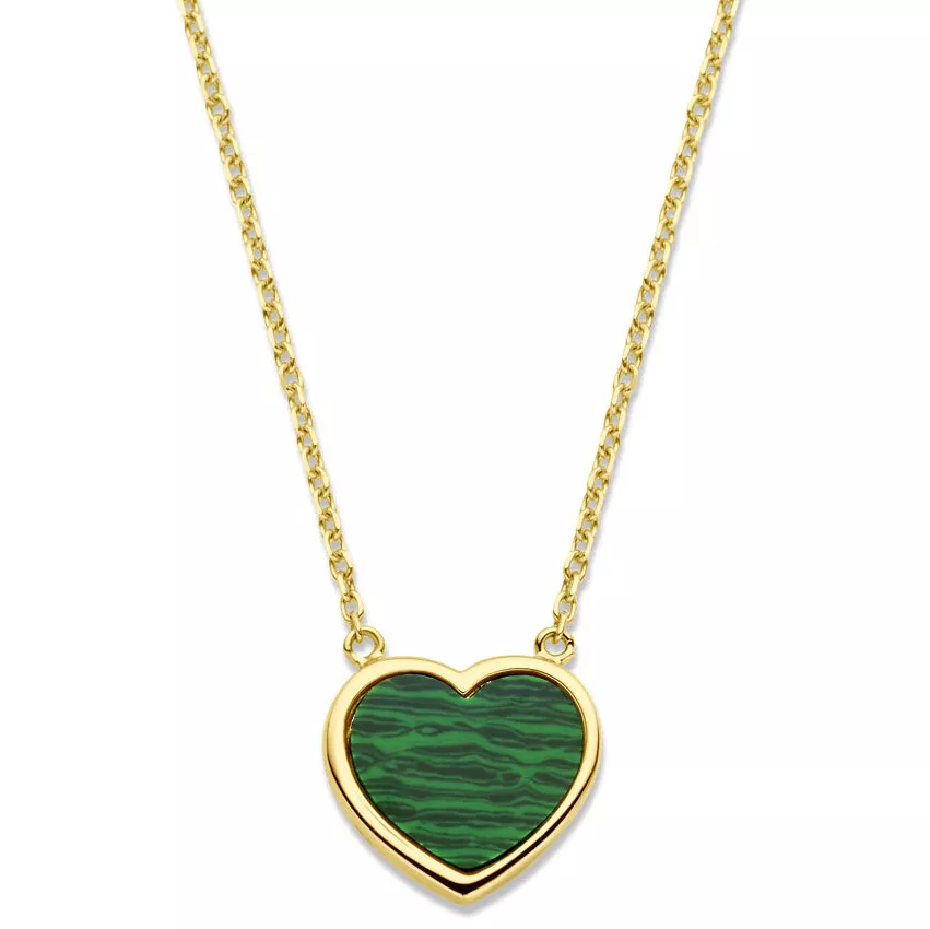 Ketting Hart geelgoud-malachiet groen 10,5 x 11,5 mm 43-45 cm